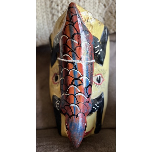 Mexican Folk Art Carved Nahua Wood Lizard Head Wall Face Mask Guerrero 11